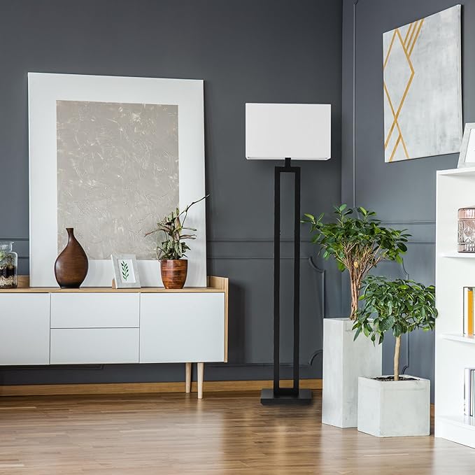 GLOBE Electric 67046 58" Floor Lamp, Matte Black Finish, White Linen Rectangular Shade, Modern Geometric Cutout Design, E26 Base-Ruum Studio Home