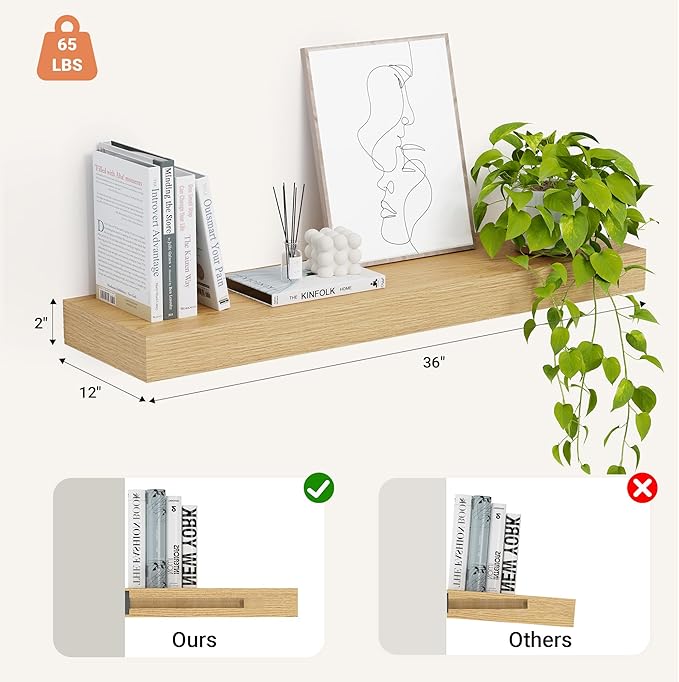 Heimlove 12" Deep Floating Shelves, 36 x 12 Inch Wall Mounted Long Floating Shelf with Invisible Brackets, for Home Decor, Bedroom, Kitchen, Living Room, Bathroom - 1 Pack, Oak-Ruum Studio Home