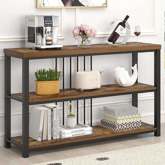 FOLUBAN Industrial Console Table, 3 Tier Entryway Table, Sofa Foyer Table for Living Room Hallway Behind Couch, Rustic Brown-Ruum Studio Home