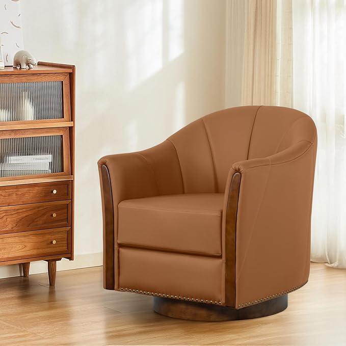 360° Swivel Accent Chair, Modern Leather Barrel Club Chair with Leather Upholstery and Sturdy Wood Base, Comfortable Armchair for Living Room, Bedroom, Reading Nook, Brown-Ruum Studio Home
