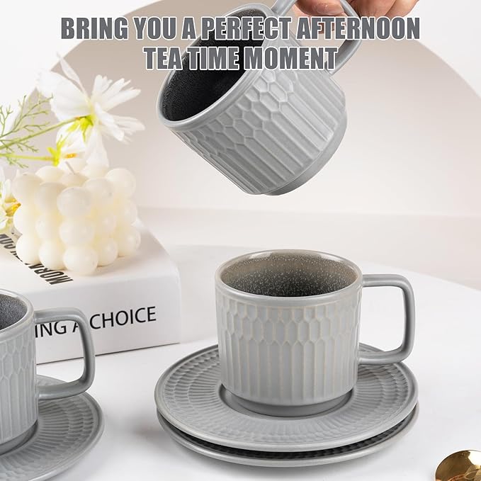 Large Cappuccino Cups with Saucers Set of 4, 8 Ounce Stackable Embossed Ceramic Coffee Mugs for Specialty Coffee Drinks, Latte, Cafe Mocha and Tea, Dishwasher & Microwave Safe (Grey)-Ruum Studio Home