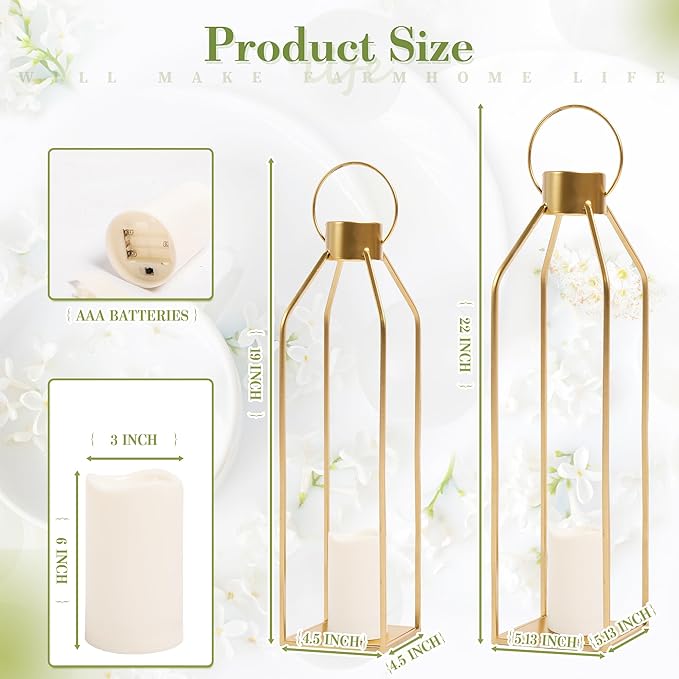 HPC Decor Modern Farmhouse Lantern - 22'' 19'' Large Tall Gold Metal Candle Lanterns with Timer Flickering Candles for Living Room, Outdoor, Fireplace Mantle Decor-Ruum Studio Home