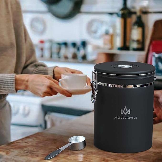 35OZ Coffee Canister for ground coffee with Date Tracker,One Way Co2 Valve 304 Stainless Steel Kitchen Food Airtight storage container for Coffee Beans or Grounds, Sugar Black-Ruum Studio Home
