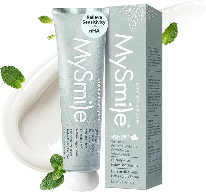 MySmile Fluoride Free Toothpaste, Nano Hydroxyapatite Toothpaste for Sensitive Teeth, Strengthens Enamel, Remineralizes & Whitens Teeth, Freshens Breath for Adults, SLS Free, Natural Misty Mint, 4.2oz-Ruum Studio Home