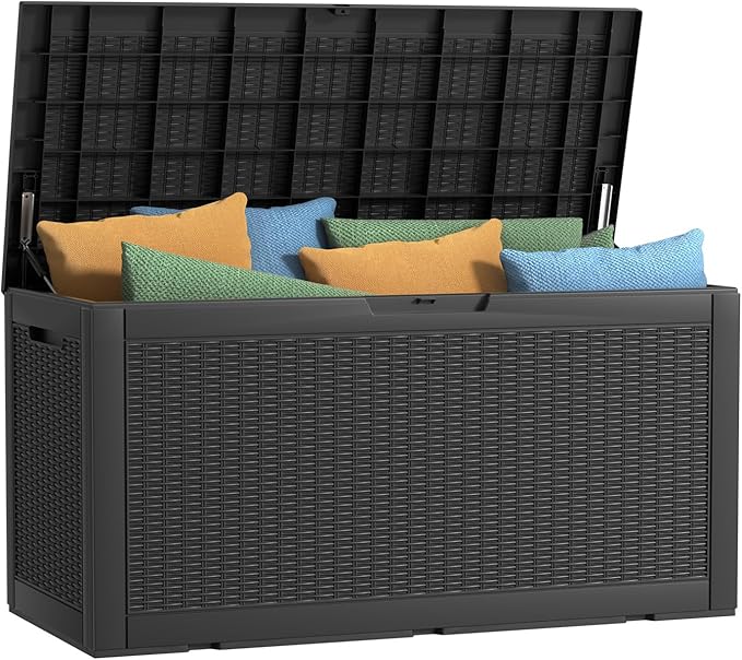 100 Gallon Outdoor Deck Box,Storage Lockable Waterproof Patio Furniture,Garden Tools,Cushions,Pool Accessories Outside Storage Resin Box(Black)-Ruum Studio Home