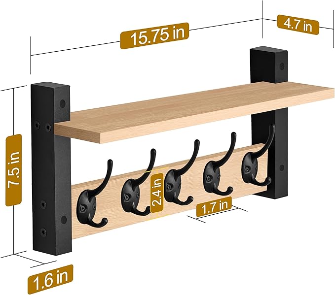 Sorbus Coat Hooks Wall Mount with Shelf – 16 Inch Coat Rack Wall Mount with 5 Heavy Duty Hooks – Floating Wall Shelf with Hooks for Entryway, Bathroom, Bedroom, Kitchen, or Mudroom (Maple Wood)-Ruum Studio Home