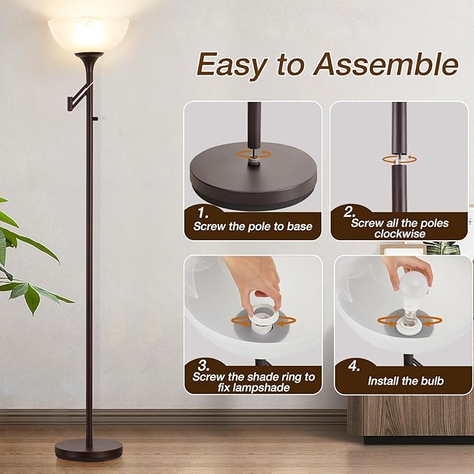 Floor Lamps for Living Room Bronze, 71" Tall Standing Lamp with Glass Shade, Vintage Floor Lamp with 350°Adjustable Swing Arm Lamp, Pole lamp for Bedroom, Living Room, Office, Bulbs Included-Ruum Studio Home
