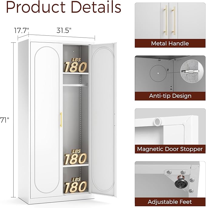 71" White Wardrobe Closet with 2 Doors, Metal Armoire Wardrobe Cabinet with Hanging Rod and Adjustable Shelves, Clothing Storage Cabinets for Bedroom, Laundry Room, Home Office-Ruum Studio Home
