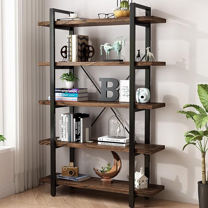 5-Tier Industrial Style Solid Wood Bookcase and Book Shelves,Rustic Wood and Metal Shelving Unit， Living Room,Modern Rustic Open Industrial Book Shelf Office,Distressed Brown (AY-02-5Tier)-Ruum Studio Home