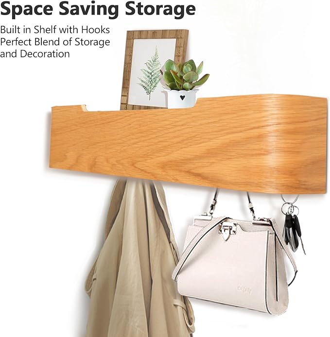 Coat Rack Wall Mount with Hidden Hooks Entryway Hanging Shelf Modern Wood Coat Hanger for Bedroom Kitchen Hallway Bathroom (Oak, 20.9 Inch Long)-Ruum Studio Home