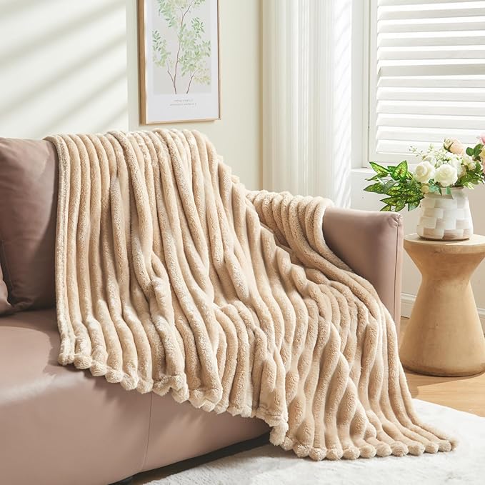 NEWCOSPLAY Super Soft Twin Blanket Brown Premium Silky Flannel Fleece 3D Ribbed Jacquard Lightweight Bed Blanket All Season Use (Brown Ribbed, Twin(60"x80"))-Ruum Studio Home