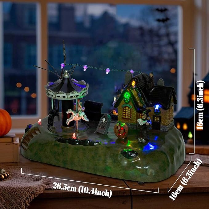 Animated Halloween Carousel Village House, LED Spooky Festival Display Collection Battery Operate, Indoor Use only-Ruum Studio Home