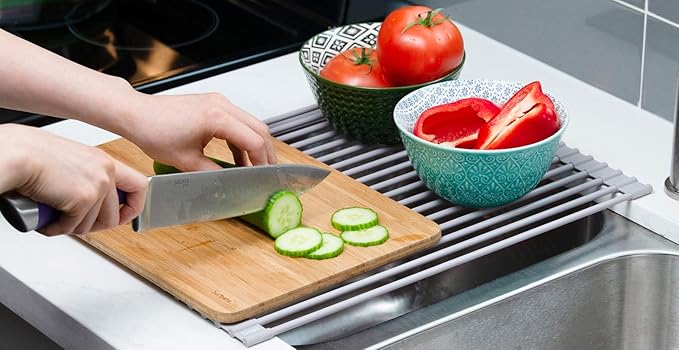 Surpahs Over Sink Foldable Multipurpose Roll-Up Dish Drying Rack, Silicone Wrapped Stainless Steel, Warm Gray, 20.5" x 13.1"-Ruum Studio Home
