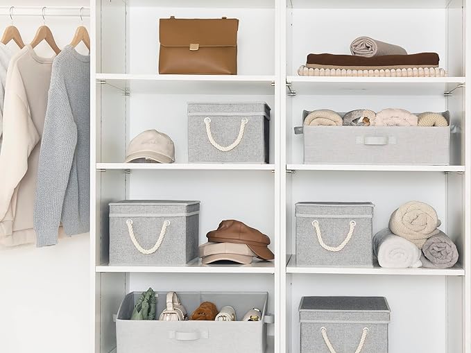 StorageWorks Large Storage Bins with Lids, Decorative Storage Boxes with Lid and Soft Rope Handles, Foldable Storage Baskets for Closet, Shelves, Stackable, Gray, 3-Pack-Ruum Studio Home