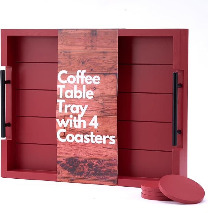 Coffee Table Decorative Serving Tray - 17x13 Inch Wood Tray with 4 Wooden Coasters - Ideal for Ottoman, Breakfast-Ruum Studio Home