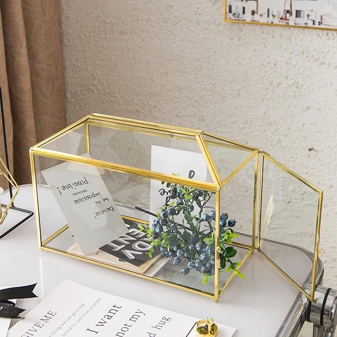 Glass Wedding Card Box with Slot, 12.6 inch Large Clear Card Box Gold Brass Gift Card Storage Box with Lock for Wedding Receptions, Baby Shower, Birthday Party, Bridal Shower-Ruum Studio Home