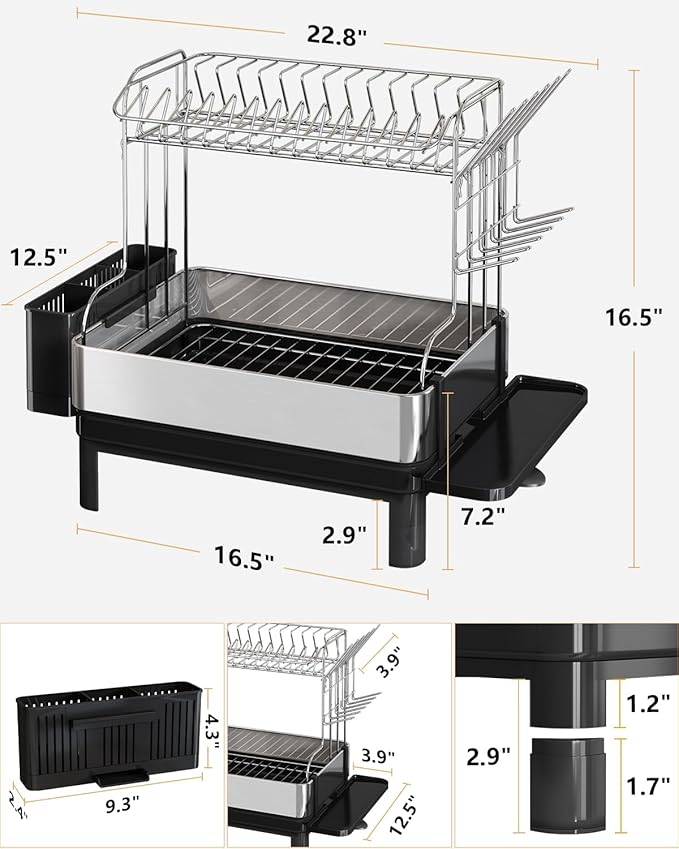 BOOSINY Dish Drying Rack with Drainboard, Stainless Steel Dish Rack, 2 Tier Extra Large Dish Drainer with Cup Holder and Utensil Holder for Kitchen Counter-Ruum Studio Home