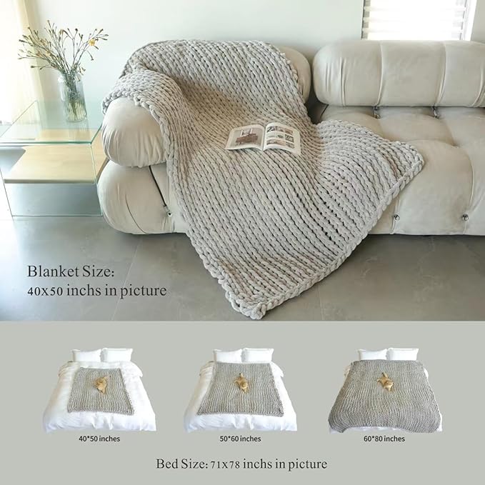Maetoow Tighter Version Chenille Chunky Knit Blanket Throw （40×50 Inch）, Handmade Warm & Cozy Blanket Couch, Bed, Home Decor, Soft Fleece Banket, Boho Thick Blankets and Giant Yarn Throws，Beige-Ruum Studio Home