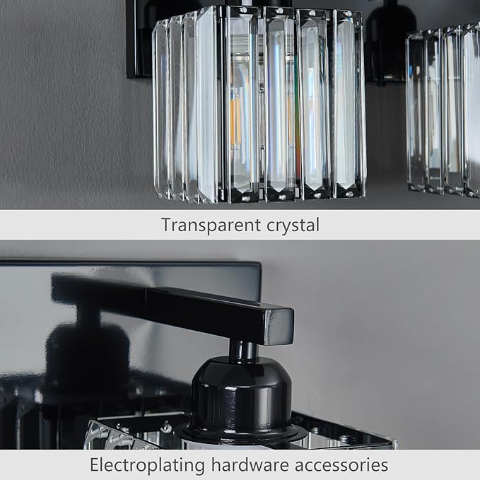 Modern Bathroom Vanity Light 2-Lights Plating Black Crystal Bathroom Wall Light Vanity Light Fixtures-Ruum Studio Home