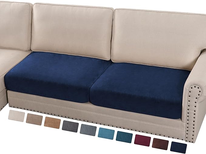 PrinceDeco Velvet Couch Cushion Cover Soft Stretch Cushion Slipcover for Chair Loveseat Sofa Cushion Furniture Protector Seat Cushion Sofa Cover (2 Piece Large Sofa Cushion Covers, Navy)-Ruum Studio Home