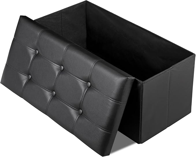 SUPER DEAL 30 inches Folding Ottoman with Storage, Bedroom Footrest Bench, Rectangle Sotrage Chest for Living Room Entryway, 30"x15"x15", 85L, Faux Leather, Black-Ruum Studio Home