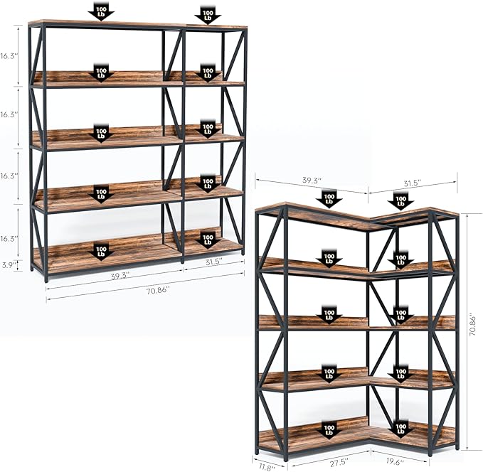 Large Farmhouse Style 5 Tiers Corner Bookshelf with Grow Light, Extra Wide Plant Stand & Bookcase for Home Office 、Craft Space、Living Room, Rustic Wooden Corner Shelf for Indoor Plants-Ruum Studio Home