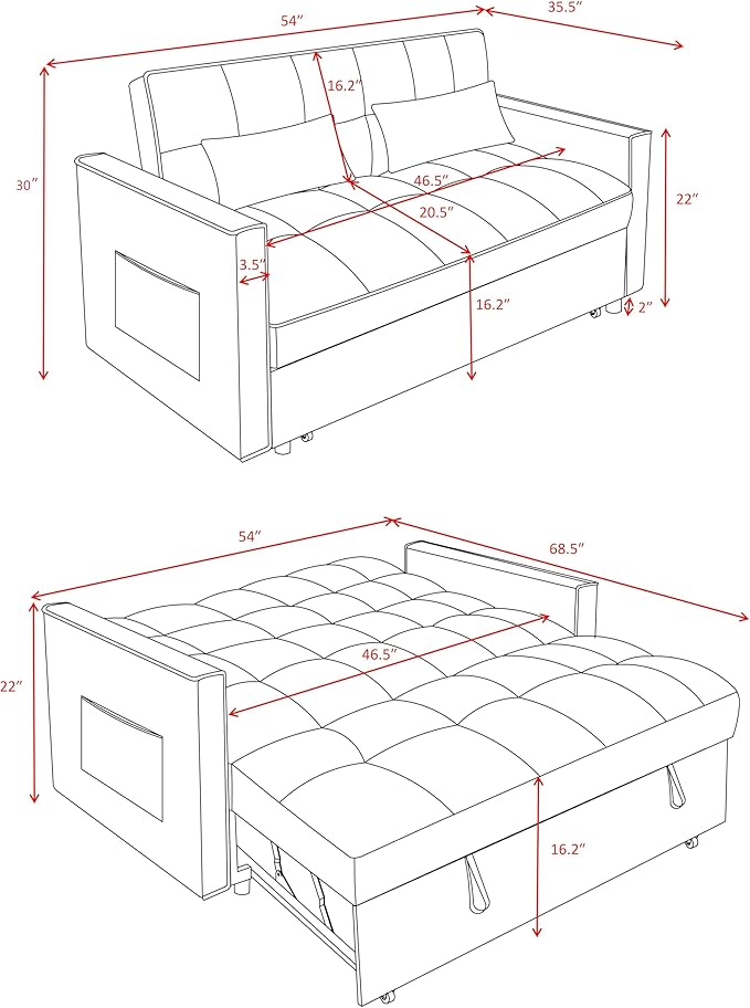 3 in 1 Convertible Sleeper Sofa Bed, Couch with Pull Out Bed with Side Pocket, Convertible Love Seat Sleepers Couch for Living Room, Bedroom, Black-Ruum Studio Home