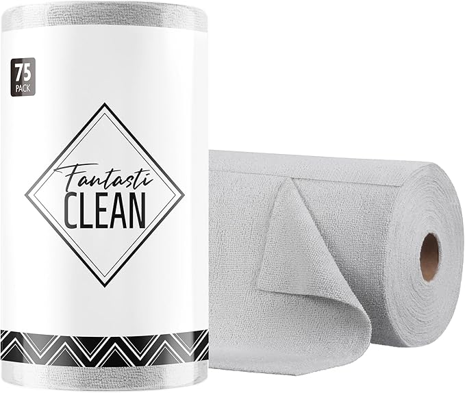 Fantasticlean Microfiber Cleaning Cloth Roll -75 Pack, Tear Away Microfiber Towels, 12" x 12", Reusable, Washable, Scratch Free, Ultra Absorbent Dish Rags for Car, Home, Garage or Shop (Grey)-Ruum Studio Home