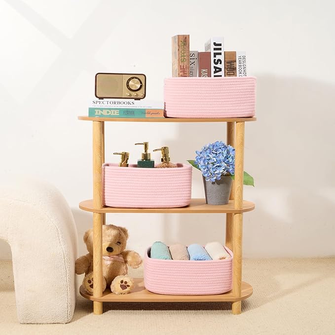 Small Storage Baskets for Organizing | Closet Organizer Bins | Shelf Toy Basket | Woven Rope Baskets | Cube Decorative Box | Shallow Basket | 13x8.5x5.1” | 3 Packs Light Pink-Ruum Studio Home