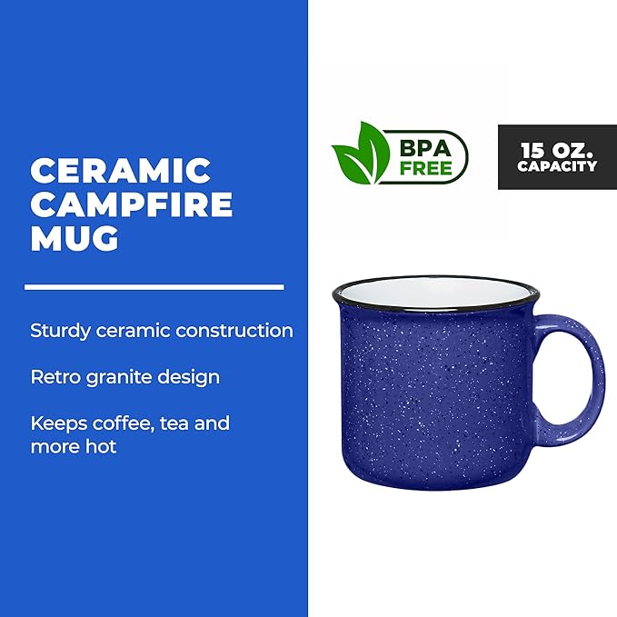 Set of 8 Ceramic Campfire Mugs – 15 Oz, Cobalt Blue – Coffee & Tea Cups for Home, Work, Travel, Camping – Customizable, Great for DIY, Events, Companies-Ruum Studio Home