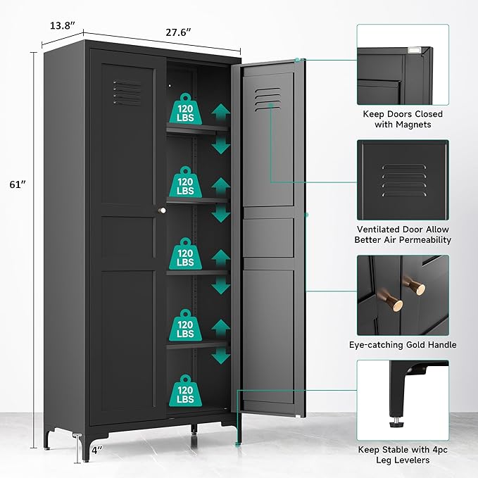 Metal Storage Cabinet with Doors and Shelves,Black Storage Cabinet with Leg,Metal Pantry Cabinets,Ventilated Pantry Closet,Tall Large Cupboard for Home,Kitchen,Dining/Living/Laundry Room-Ruum Studio Home