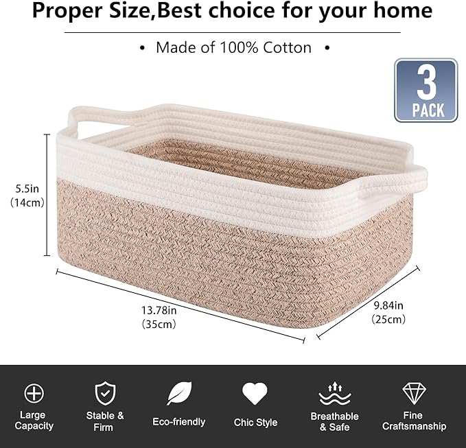 OIAHOMY 3 Pack Storage Baskets for Organizing, Woven Cotton Rope Basket for Shelves, Closet Organizer Bins with Handles, Rectangle Toy Organization, 13.78''×9.84''×5.5'', Brown & White-Ruum Studio Home