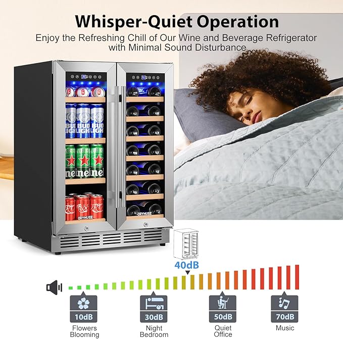 24 Inch Dual Zone Wine and Beverage Refrigerator, Built-in or Freestanding Cooler with French Doors, Drink Fridge with Upgraded Compressor for Beer, Wine, and Soda-Ruum Studio Home