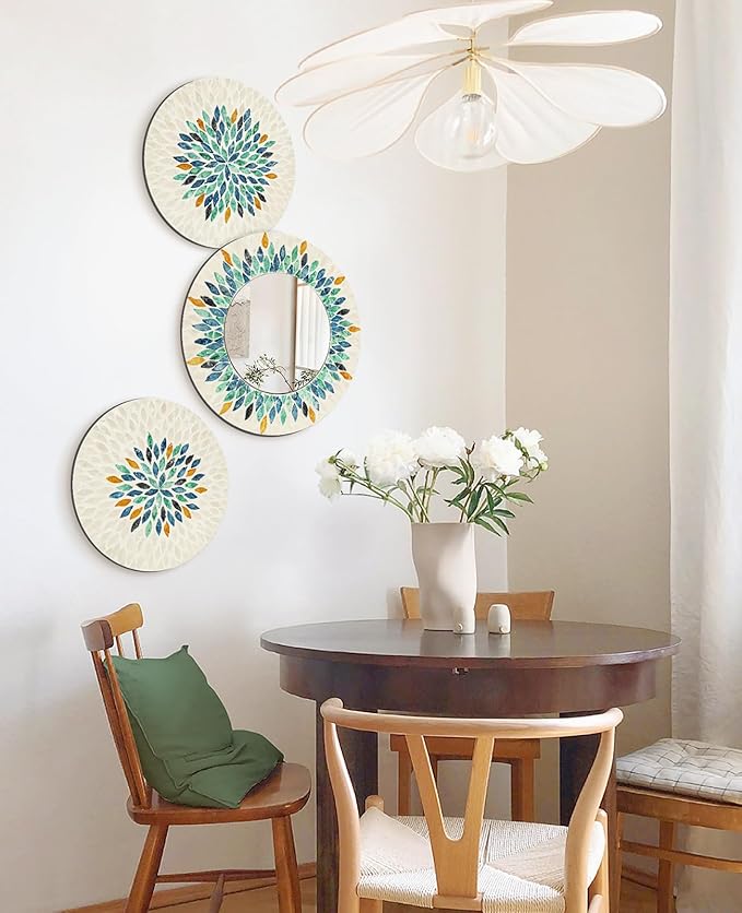 TEIPAI Jewel-Tone Mother of Pearl Mirror Wall Decor for Living Room, 3PCS Handmade Round Wall Art for Home Guest Room Decoration, Unique Mosaic Art Gift for Birthday Wedding Housewarming (Colored)-Ruum Studio Home
