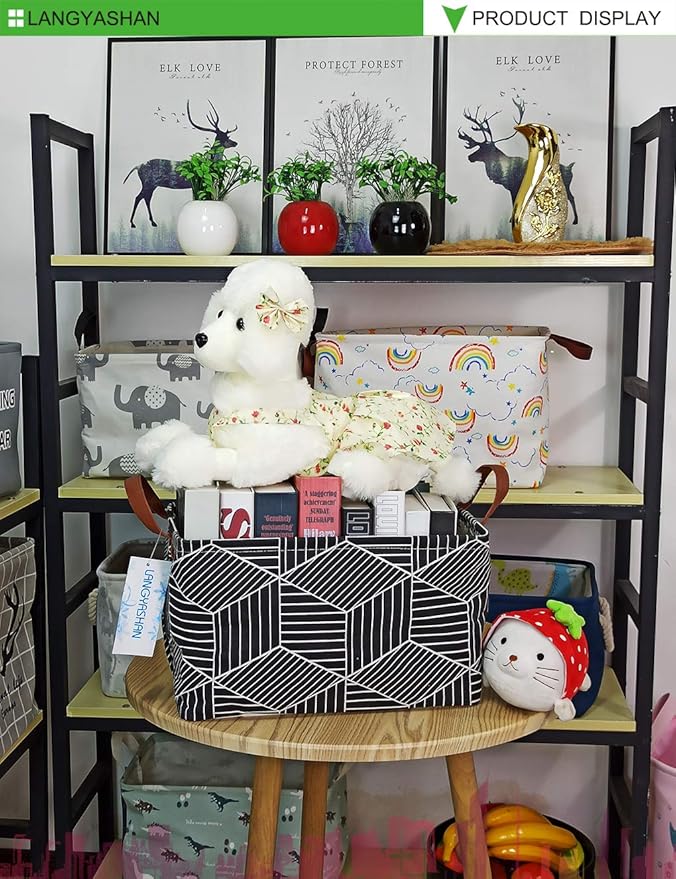 LANGYASHAN Rectangular Storage Bin Collapse Canvas Fabric Cartoon Storage Basket with Handles for Organizing Home Kitchen Boys and Girls Toys Office Closet Shelf Baskets (Black Diamond)-Ruum Studio Home