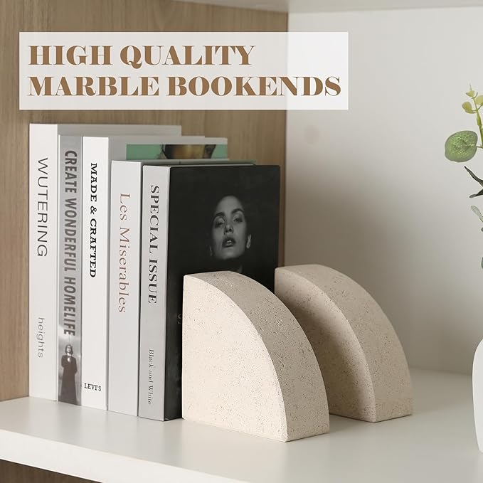 Marble Bookend for Shelves, Non-Skid Bookends for Heavy Books, Heavy Duty Book Stopper for CDs, Luxury Book Shelf Holder, Quarter Circle Design Book Ends Decorative, Moleanos Beige, Set of 2-Ruum Studio Home