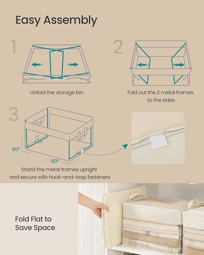 SONGMICS ClosetOrganizers Set of 3, Medium Fabric Storage Baskets, Foldable Organizer with Transparent Nylon Mesh, 15.7 x 11.8 x 9.8 Inches, Handles, for Bedroom, Living Room, Cream White URFB940W01-Ruum Studio Home