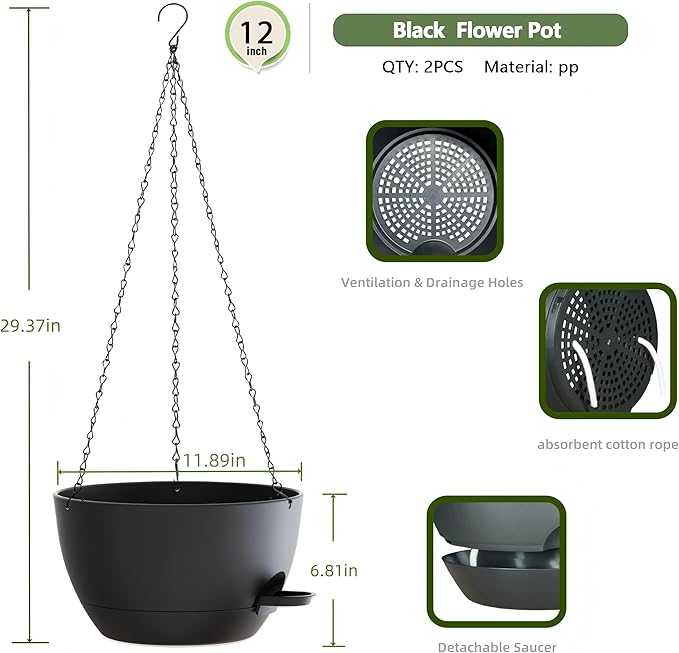 12 Inch Hanging Baskets 2 PC with Chains, Self-Watering Hanging Planters for Indoor Outdoor Plants, Plastic Hanging Flower Pots,Black-Ruum Studio Home