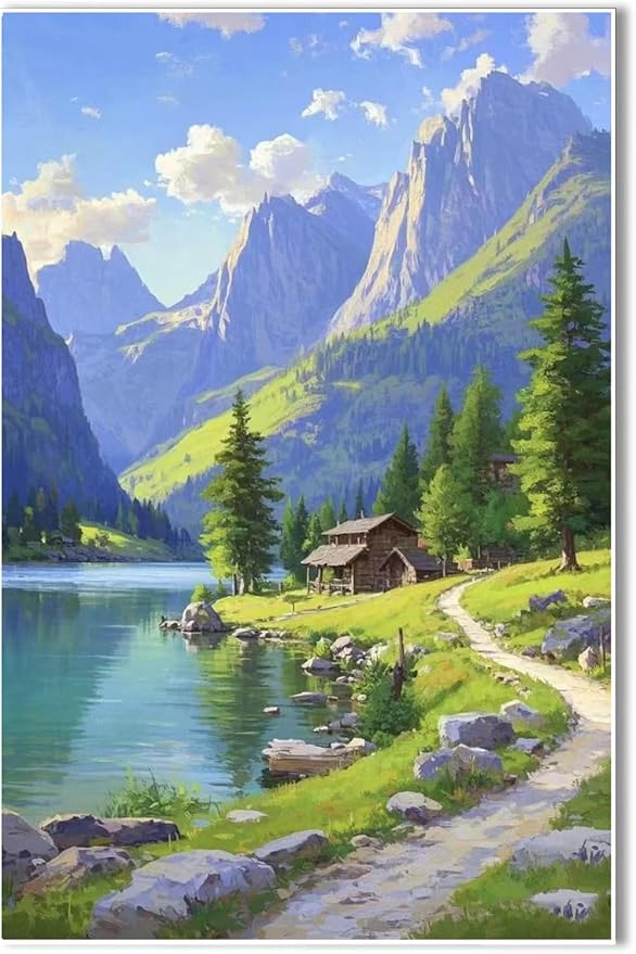 Landscape wall painting of mountain forest lakeside cabin under blue sky and white clouds natural oil painting poster suitable for living room bedroom office-Ruum Studio Home