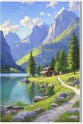 Landscape wall painting of mountain forest lakeside cabin under blue sky and white clouds natural oil painting poster suitable for living room bedroom office-Ruum Studio Home