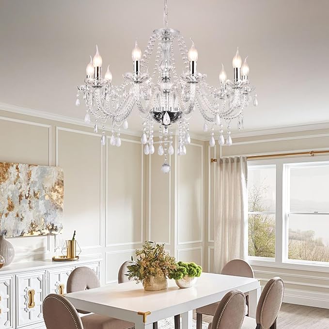 Modern Elegant 10 Lights K9 Crystal Glass Chandelier Silver Pendant Ceiling Lighting European Style for Dining Living Room Bedroom Transparent, 10 E12 Bulbs Required-Ruum Studio Home