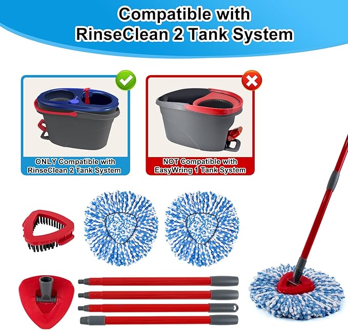 Spin Mop Head,Mop Handle,Base,Brush Compatible with Ocedar RinseClean 2 Tank Spin Mop System,2 Microfiber Spin Mops Replacement Head,4 Section Iron Mop Handle 30-58",Base and Scrub Brush Combo Set-Ruum Studio Home