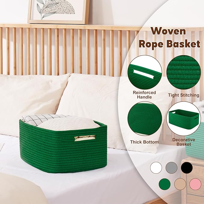 OIAHOMY Storage Basket for Shelves, Closet Cube Storage Bins Baskets for Clothes Blanket Towels, Baby Nursery, Toy Baskets Box, Woven Rope Basket, 15.75*11.81*7.09 IN, 2 Packs Green-Ruum Studio Home