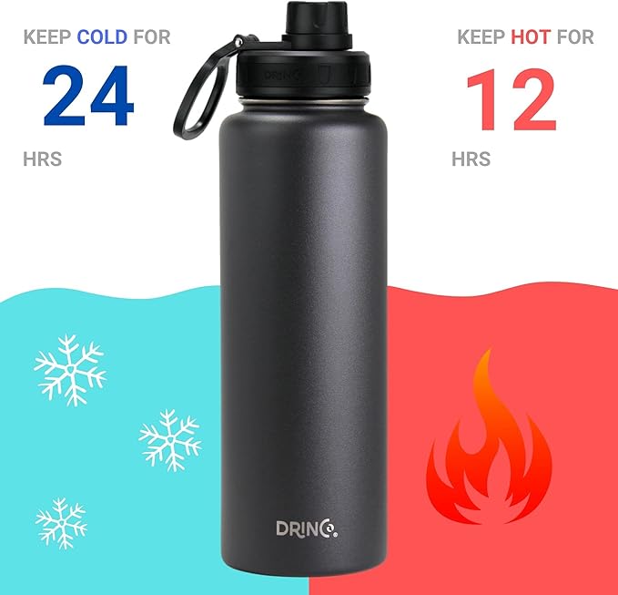 DRINCO Stainless Steel Water Bottle Spout Lid Vacuum Insulated Double Wall Water Bottles Wide Mouth (40oz 32oz 22oz 18oz 14oz) Leak Proof Keeps Cold or Hot (40 oz, 40oz Black)-Ruum Studio Home