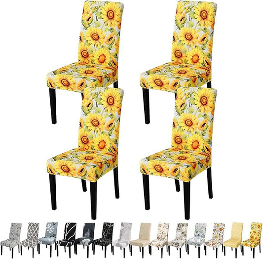 JQinHome Pattern Chair Covers for Dining Room Set of 4, High Stretch Removable Washable Parsons Chair Slipcover for Home Party Hotel Wedding Ceremony (Sunflower,4PCS)