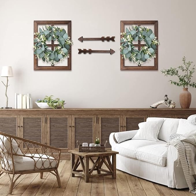 Rustic Wood Window Frame with Green Wreath and Arrows Wall Decor，Farmhouse Window Frame Hanging Decor,Wooden Fake Decoration,Window Pane Wall Decor,Set of 2 (Brown)-Ruum Studio Home