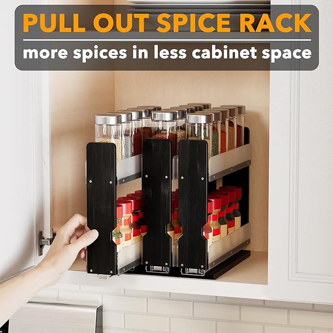 SpaceAid Bamboo Pull Out Spice Rack Organizer for Cabinet, Heavy Duty Slide Out Seasoning Kitchen Pantry Sliding Vertical Organization, 7.6" Wide, 3 Drawers(2" Wide), 2-Tier, Black-Ruum Studio Home