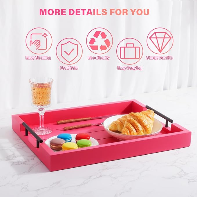 Ottoman Tray | Coffee Table Tray Decorative, Serving Tray with Handles - 17x13 Inch Wood Tray for Coffee Table Tray - with 4 Wooden Coasters -Tray for Ottoman, Breakfast-Ruum Studio Home