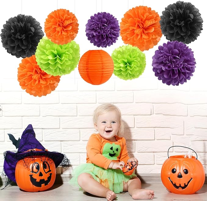 Black-Orange Purple Green Halloween Party-Decorations - 15PCS Paper Flowers Lanterns Tissue Pom Poms Streamers,Vintage Birthday Baby Shower Bachelorette Wedding Bathroom Hanging Supplies Decor Hugfond-Ruum Studio Home