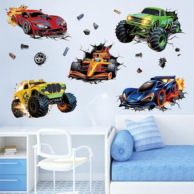 3D Racing Cars Wall Decals - Truck Bursting Through Wall, F1 Racing Cars Wall Stickers for Kids Room Boys Bedroom-Ruum Studio Home